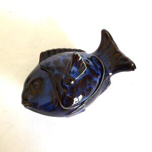 VINTAGE JAPAN JAPANESE HAND CRAFTED BLUE CERAMIC LIDDED KOI FISH SHAPED DISH